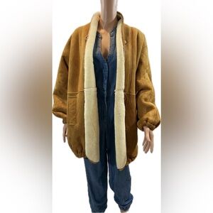 OSCAR DE LA RENTA Tan Vintage Suede Leather Soft Shearling Coat- Large